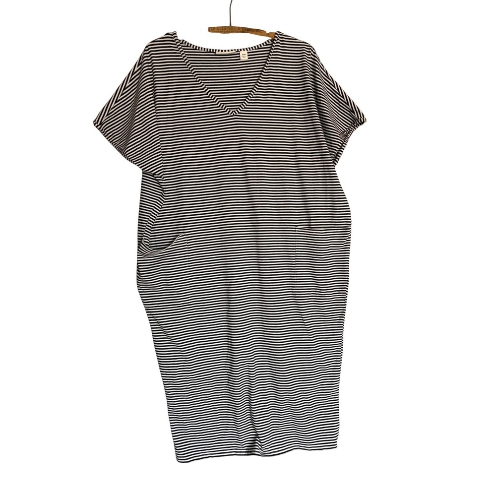 Kate Landry S/M striped vโ neck casual midi dress pockets Oversized Lagenlook